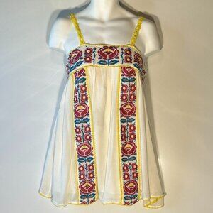 Smell the Roses SZ S Ivory gauzy embroidered yoke lace up tunic dress boho artsy